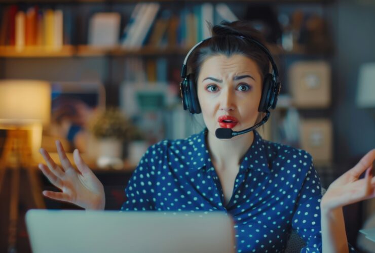 A woman with a headset at a desk appears confused during a remote meeting.